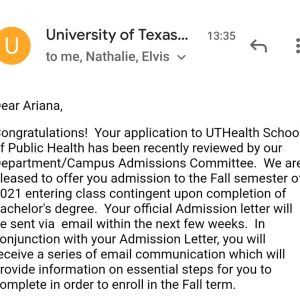 Ariana UT MAster of Public HEalth acceptance letter